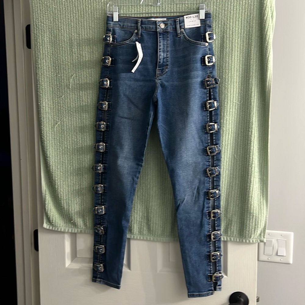 TopShop NWT Jamie Jeans, High Rise, Skinny, Buckle Legs, 30x32, Has Stretch